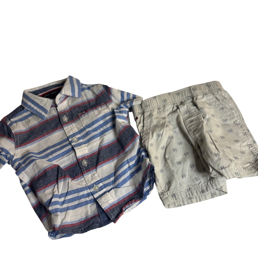 Tommy Hilfiger Baby Boys 12M Striped Linen Shirt & Shorts Set Blue vacation